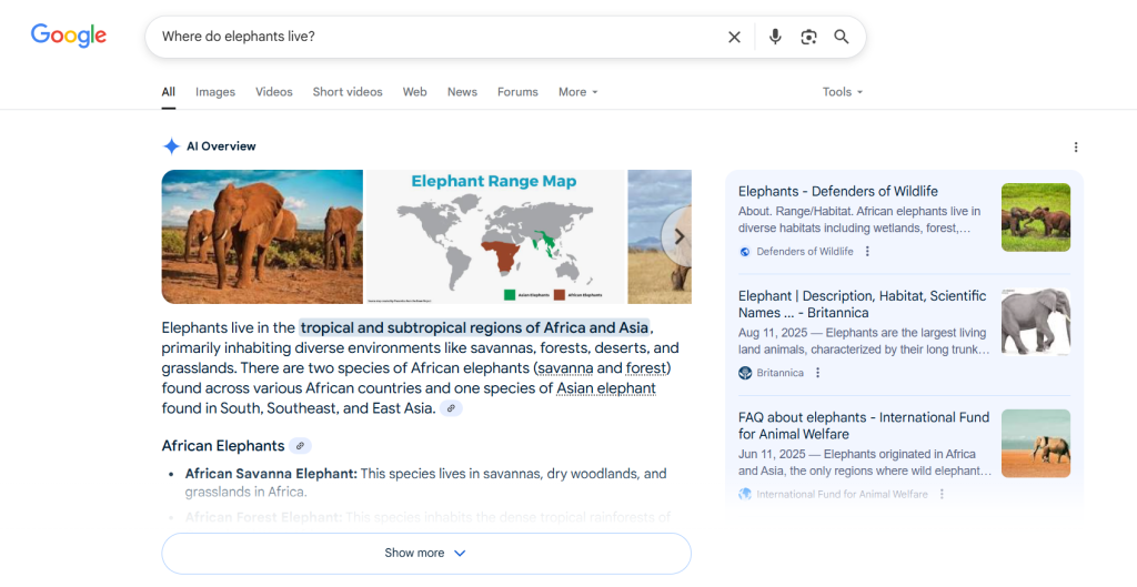 谷歌搜索“Where do elephants live”AI概览 谷歌搜索“Where do elephants live”AI概览